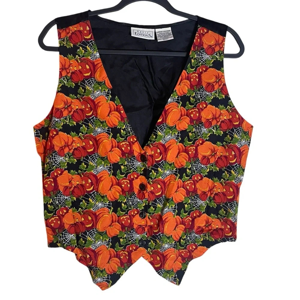 Vintage Basic Editions Halloween Vest Button Up Pumpkin Print Large